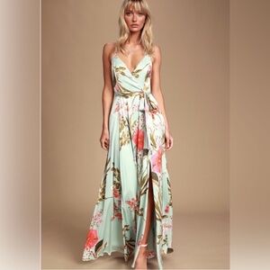 Lulus Still The One Sage Green Floral Party Sleek Satin Maxi Dress Size XL